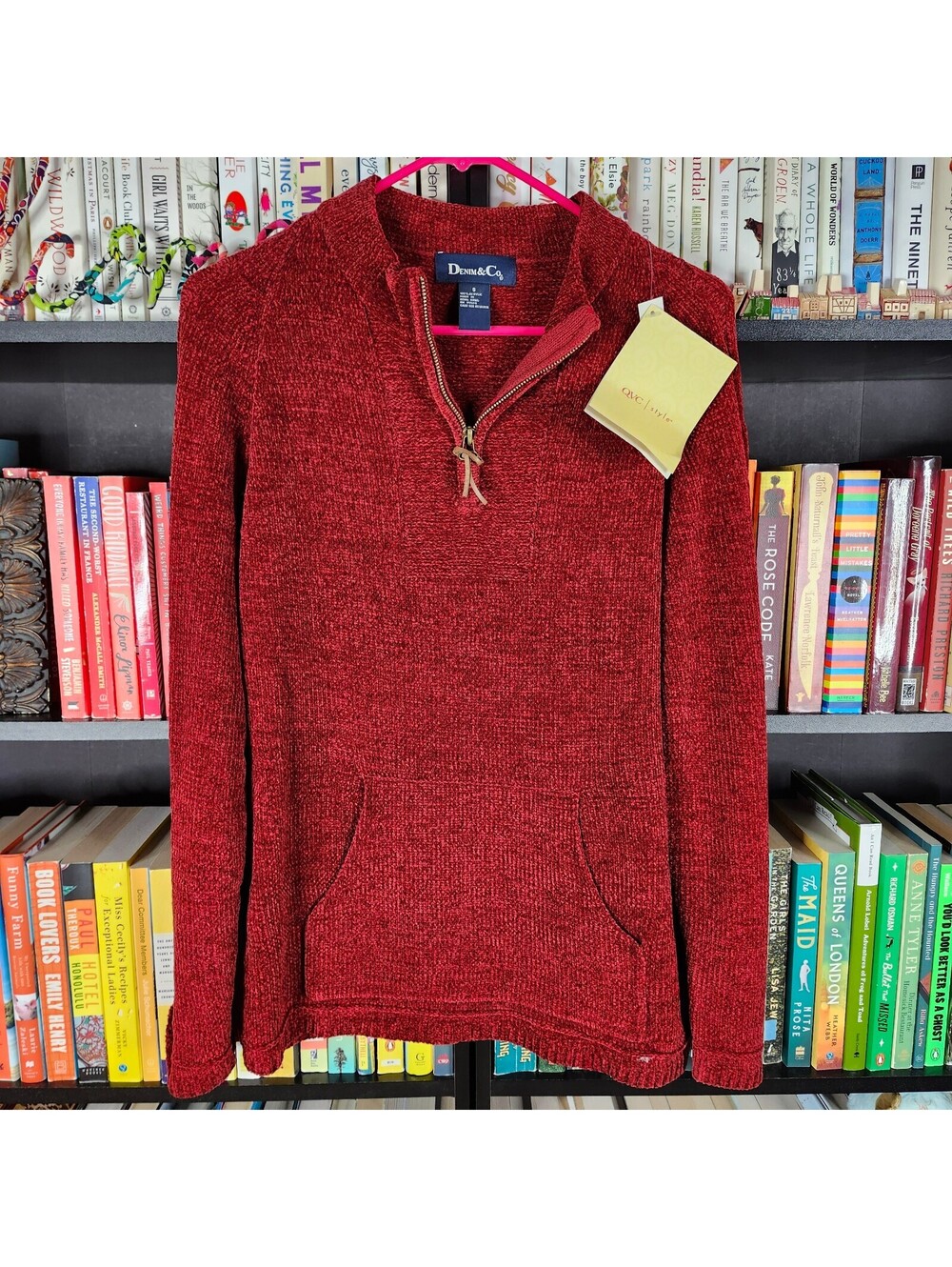 Denim & Co Small Red Chenille Quarter Zip Pullover Sweater NWT